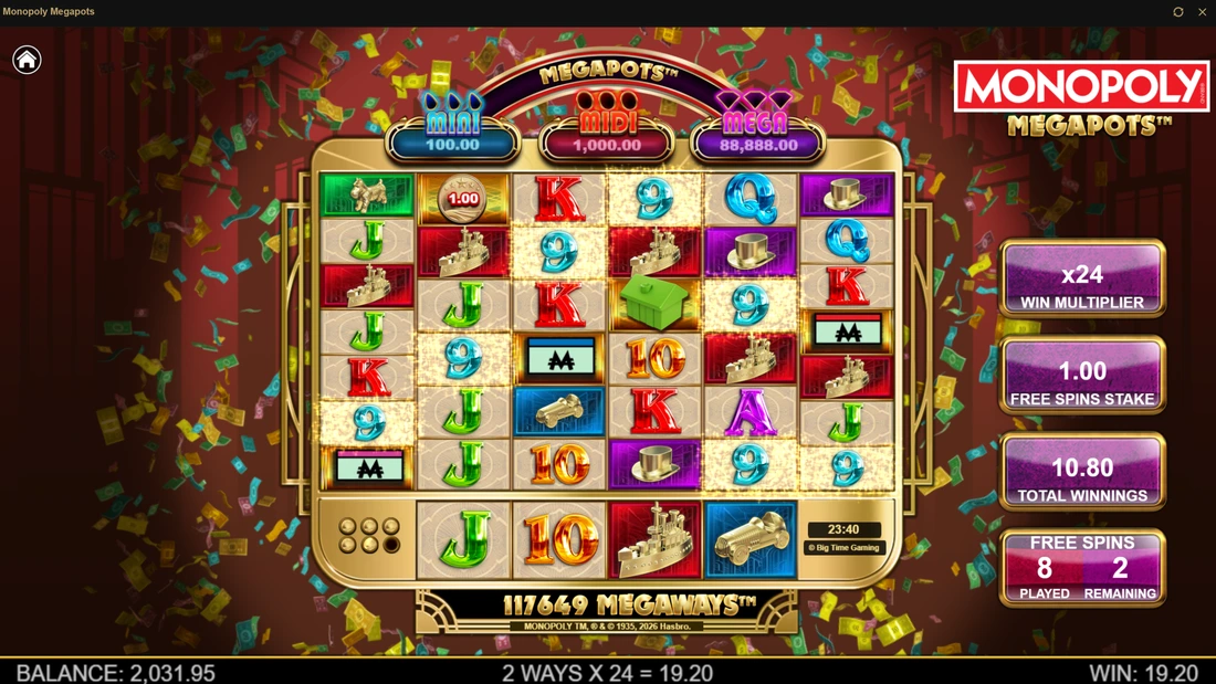 Monopoly Megapots (Big Time Gaming) Free Demo & Review | 98,850x Max Win